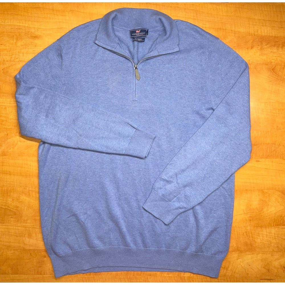 Vineyard Vines Mens XL Light Blue Cotton Cashmere 1/4 Zip Pullover Sweater